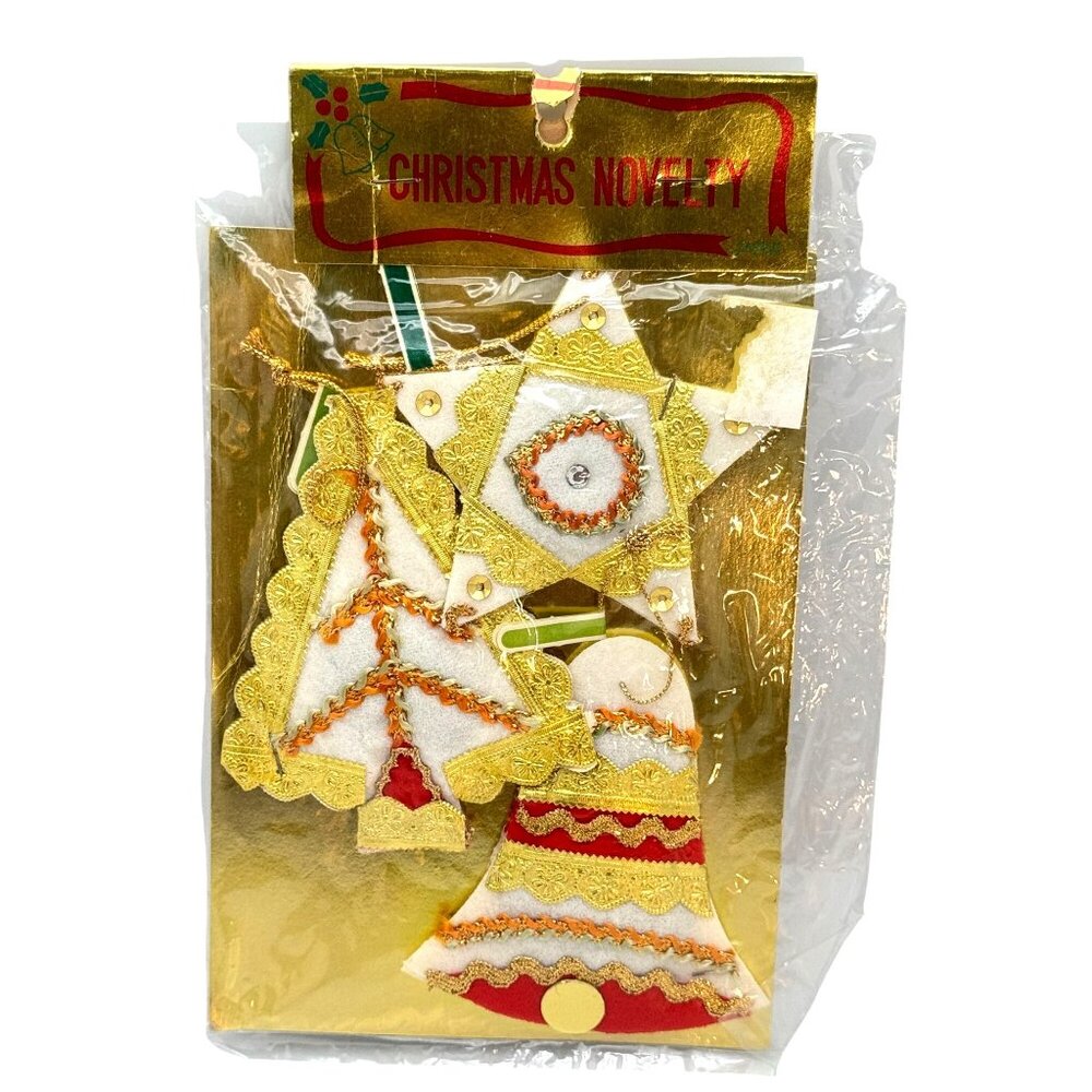 Japan Christmas Tree Star Bell Felt Ornaments Gold Foil Embellishments Set 3 Vtg